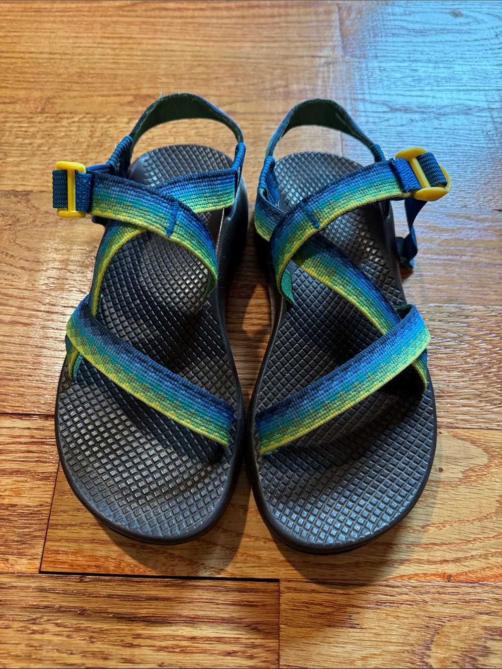 Custom Chaco Sandals with Blue & Green Strap Sandals Yellow Buckles